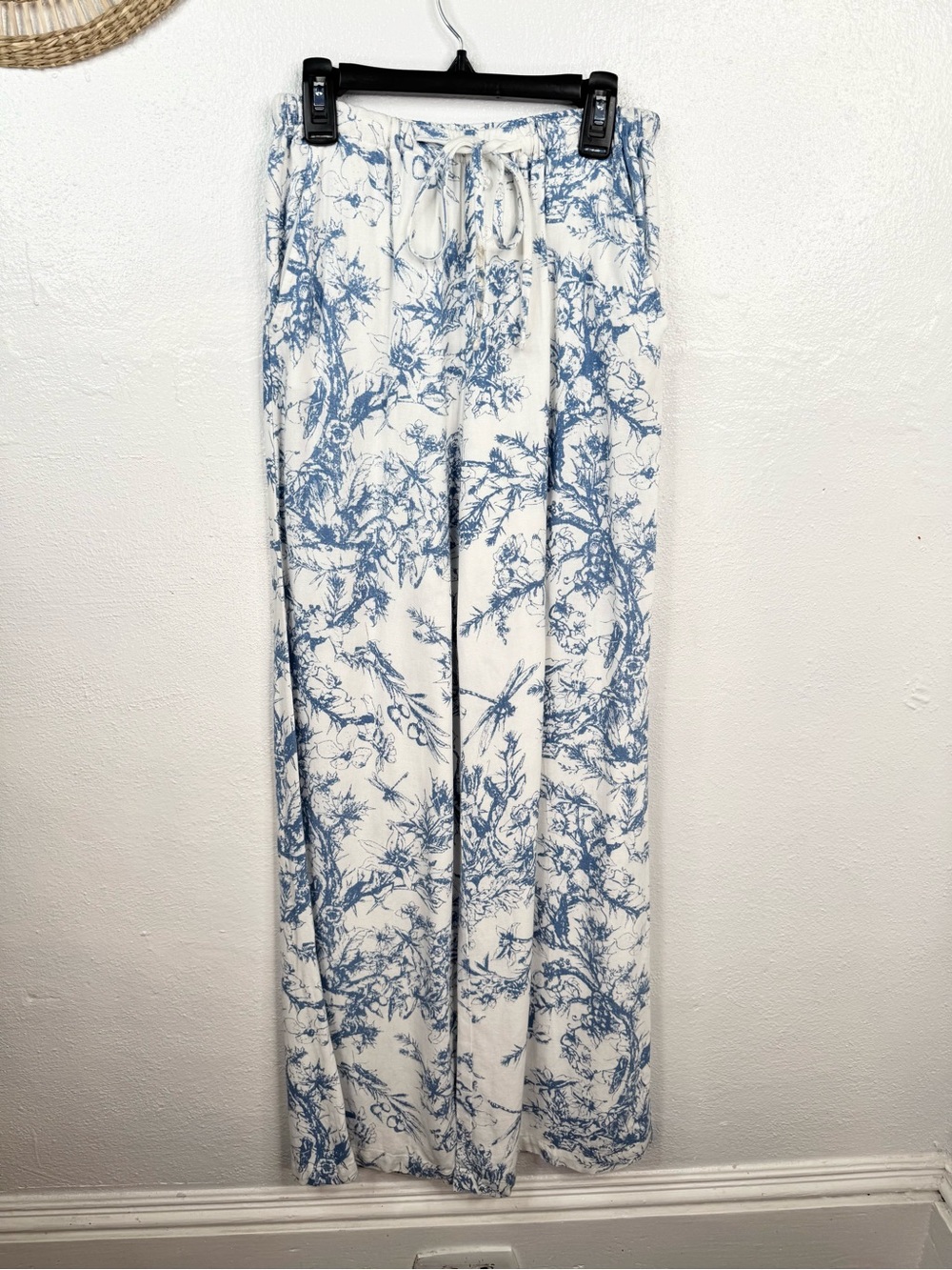 Statement Pants Womens XS Blue & White Toile Floral Wide Leg Drawstring Linen